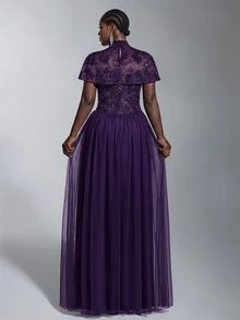 Elitara Plus Size Elegant Minimalist Deep Purple Lace Embroidered 2 Pieces Set Tube Top With Shawl Bodycon A-Line Long Dress For Wedding, Party, Formal Evening Event - Dark Purple - View 2