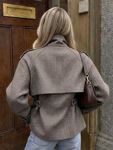 Cévolie Fashion Plaid Women's Casual Stand Collar Button Jacket - Brown - View 2