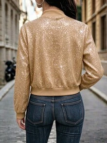 Penseblé Women's Casual Minimalist Glitter Silver Party Jacket, Autumn - Khaki - View 2