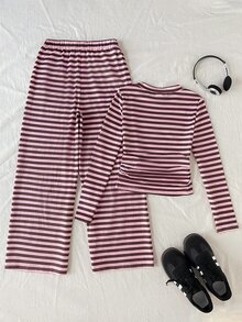 青少年女孩 T-Shirt - 青少年女孩針織長袖 T-Shirt 白色棕色圓點長褲休閒可愛 2 件套校園秋季 - 咖啡棕 - 查看 4
