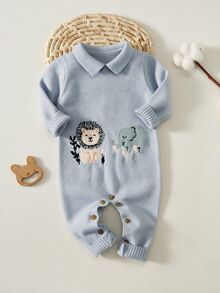 SHEIN 中性新生兒嬰兒男/女童秋冬可愛動物圖案長袖針織毛衣連身衣 - 藍色 - 查看 4