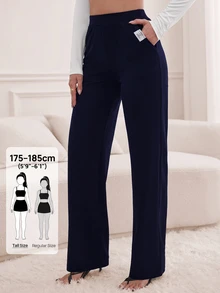 SHEIN Tall 斜口袋直筒長褲，高個女性適用 - 藏蓝色 - 查看 4