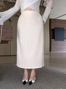 Dazy Plus Plus Size Women Solid Color Casual Versatile Daily Skirt Fall - Apricot - View 6