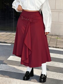 Maweii Spring Autumn Winter New Essential Daily Outfit Elegant Sophisticated Elegant Fashion Design Burgundy Asymmetric Layered Design Asymmetrical Hem Design Simple High-End Elegant Commute Loose Plus Size Women Long Skirt - Red Violet - View 1