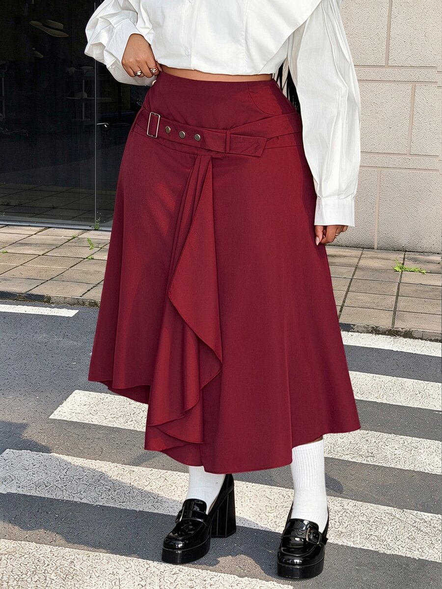 Maweii Spring Autumn Winter New Essential Daily Outfit Elegant Sophisticated Elegant Fashion Design Burgundy Asymmetric Layered Design Asymmetrical Hem Design Simple High-End Elegant Commute Loose Plus Size Women Long Skirt - Red Violet - View 1