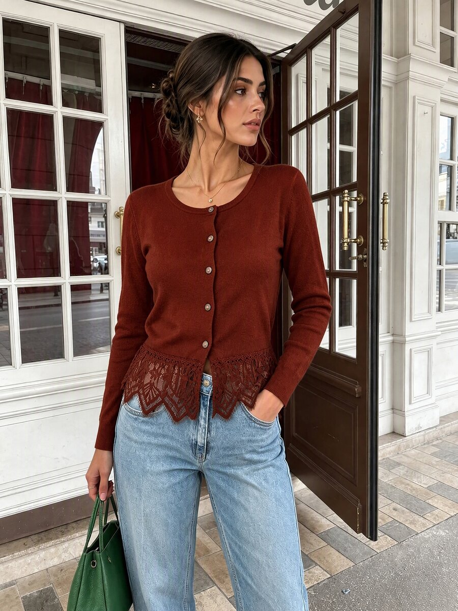 SHEIN PariChic 女款圓領單排扣蕾絲拼接休閒百搭日常開襟衫 - 酒紅色 - 查看 1