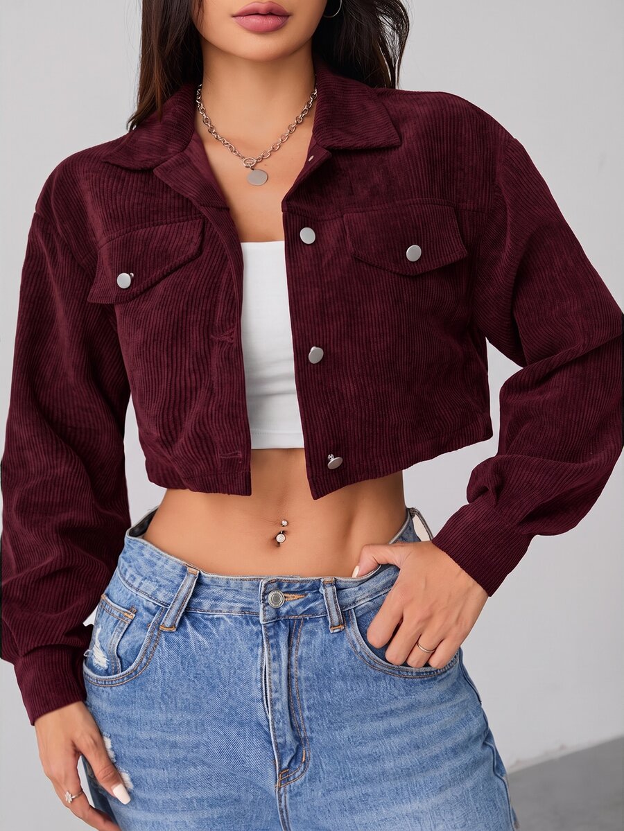 SHEIN PETITE 秋季女裝落肩翻蓋設計短版燈芯絨黑色夾克,適合嬌小女性,開學季、上班、旅行、日常穿搭、街頭休閒風 - 紫紅色 - 查看 1