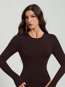 SHEIN Tall 純色長袖修身黑色連身衣，適合高個女性 - 巧克力棕 - 查看 7