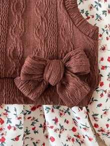 SHEIN 2pcs/Set Baby Girl Casual Spring/Autumn Floral Dress + Brown Cable Knit Vest Outfit - Multicolor - View 4