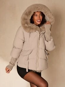 Glamine Abrigo acolchado de invierno con capucha desmontable y puños acanalados largos - Albaricoque - Ver 7