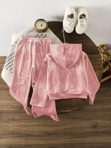 SHEIN 女童天鵝絨連帽長袖外套與長褲套裝，適合秋冬，時尚百搭，穿著舒適 - 粉色 - 查看 2