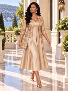 Fleurora Women's Sweet Pleated Spaghetti Strap Dress With Jacquard Cardigan 2 Pieces Set - Apricot - View 5