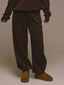 MUSERA Embroidrered Logo Elasticated Tie Waist Cuffed Jogger Autumn Fall Christmas Cute Holiday Alpine Drift - Coffee Brown - View 2