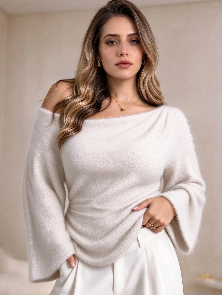 Elegantrix Plus Size Women's Asymmetric Collar Ruched Waist Cinched Ruched Bell Sleeve Casual Commute Top, Autumn/Winter - Apricot - View 1