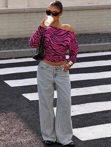 Muchica 女款粉色斑馬紋 T-shirt，秋季休閒日常蝙蝠袖不對稱領上衣，復古學院風馬匹印花街頭風 - 彩色 - 查看 5