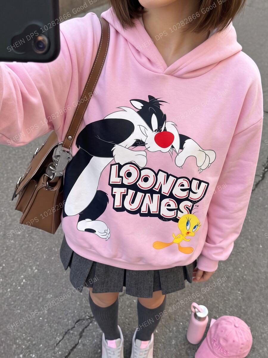 LOONEY TUNES X SHEIN Tween Girl Pink Versatile Cartoon Pattern Sweatshirt - Pink - View 1