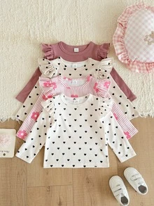 SHEIN 4件組幼兒女嬰長袖上衣，可愛甜美粉白花卉愛心荷葉邊飛袖圓領度假秋季羅紋風 - 彩色 - 查看 8