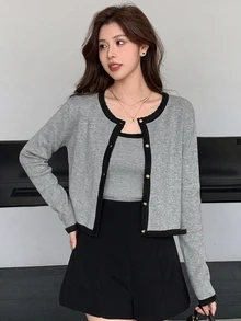 DAZY 2件組女款對比色細肩帶上衣開襟衫，秋季女裝長袖針織上衣 - 淺灰色 - 查看 4