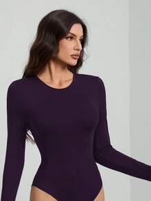 SHEIN Tall Solid Color Long Sleeve Slim Fit Black Bodysuit, Tall Women - Purple - View 5
