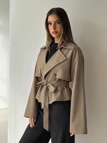 Aloruh 女款秋季純色雙排扣長袖短款卡其綠風衣，休閒優雅專業風格，適合辦公室商務穿著 - 摩卡棕 - 查看 8