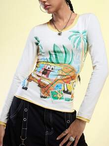 SpongeBob SquarePants | ROMWE Kaos Lengan Panjang Kasual Wanita Motif Kartun untuk Sehari-hari - Putih - View 5