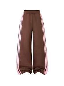 SHEIN 青少年女孩棕粉色側條紋拉鍊短版連帽衛衣與寬腿運動褲套裝，秋冬休閒運動風兩件式穿搭 - 棕色 - 查看 5
