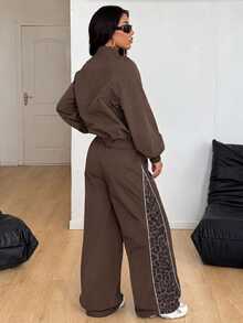 Coolane 女款秋冬街頭風休閒外出運動服日常穿著圖案豹紋黑色寬鬆長袖夾克與拼色長褲2件組 - 咖啡棕 - 查看 6
