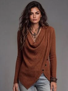 LUMIGAL Women's Solid Color Casual Versatile Daily Wear Top - Brown - View 1