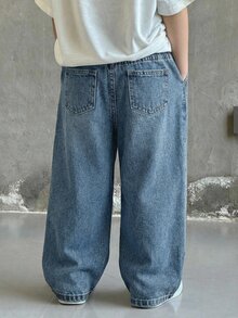 SHEIN 小男孩寬鬆直筒藍色牛仔長褲 - 中等水洗藍 - 查看 2