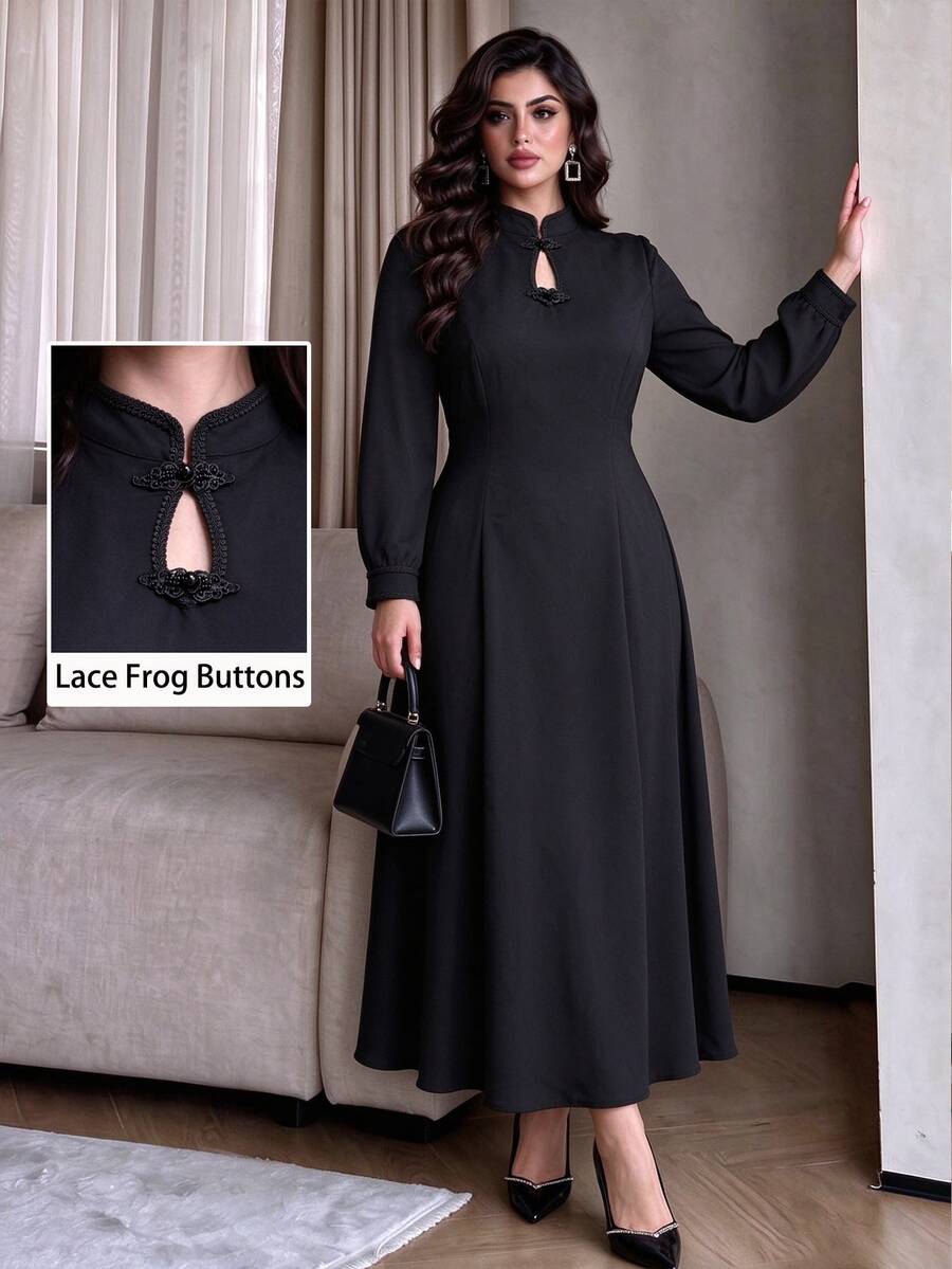 Modelyn Plus Size Black Long Sleeve A-Line Muslim Elegant Dress With Stand Collar, Frog Buttons And Water Drop Neckline - Black - View 1