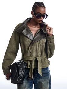 LYSMO Women's Colorblock Casual Streetwear Versatile Daily Long Sleeve Jacket Nightout Army Green Fall - Green - View 7