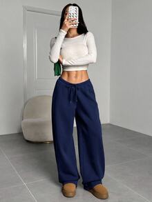 SHEIN EZwear 女款休閒基礎款寬鬆寬腿純色運動長褲，適合畢業季、返校、教師穿搭、上班、居家休閒、冬季健身，淺灰色 - 藏蓝色 - 查看 3