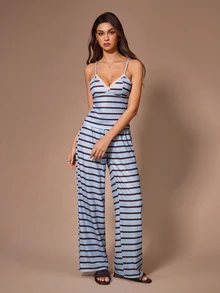 Lazeform Women's 3 Pieces Pajama Set With Lapel Long Sleeve Cardigan Jacket, Blue And Brown Striped Textured Knit - Blue - View 4