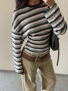 Aloruh 女款條紋圓領落肩長袖休閒T恤 - 彩色 - 查看 6