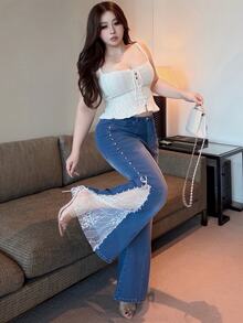 Dazy Plus Elastic Slim Fit Sexy Beaded Pearl Elegant Contrast Lace Cropped Flare Jeans, Spring Summer Autumn - Medium Wash - View 1