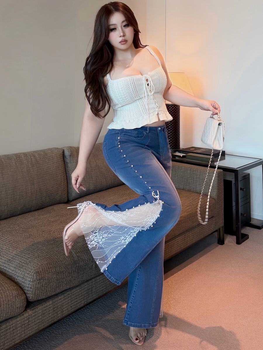 Dazy Plus Elastic Slim Fit Sexy Beaded Pearl Elegant Contrast Lace Cropped Flare Jeans, Spring Summer Autumn - Medium Wash - View 1