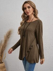 EMERY ROSE Áo thun nữ tay dài phong cách thường ngày, trang trí cúc, gấu áo uốn lượn, áo thu đông cho nữ - Màu nâu Sô-cô-la - Xem 3