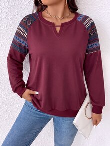 SHEIN LUNE CURVE كنزة رياضية نسائية مقاس كبير للربيع/الخريف، كاجوال بسيطة متعددة الاستخدامات، بقصة ضيقة وياقة على شكل حرف V، مع طباعة بنمط وتصميم رقع مضلع وأكمام طويلة راجلان، مناسبة للتنقل اليومي وتجمعات الأصدقاء والعودة إلى المدرسة والكريسماس - متعدد الألوان - مشاهدة 7