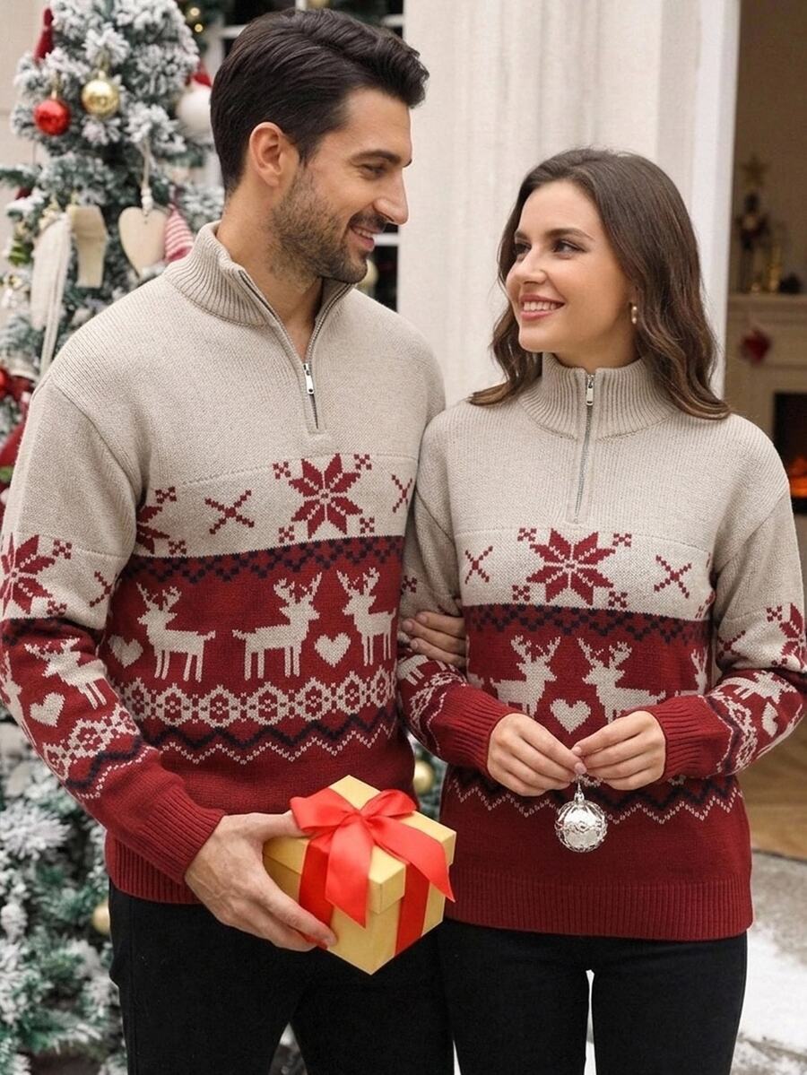 Manfinity Homme Men's Christmas Element Jacquard Zip-Up Half-Placket Sweater, Couple Outfit, Office Work Autumn, Best Holiday Gift - Multicolor - View 1