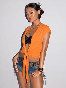 SHEIN ICON 女款深V領打結女神風白色襯衫，夏季上衣，適合夜店、度假、性感穿搭 - 橘色 - 查看 4
