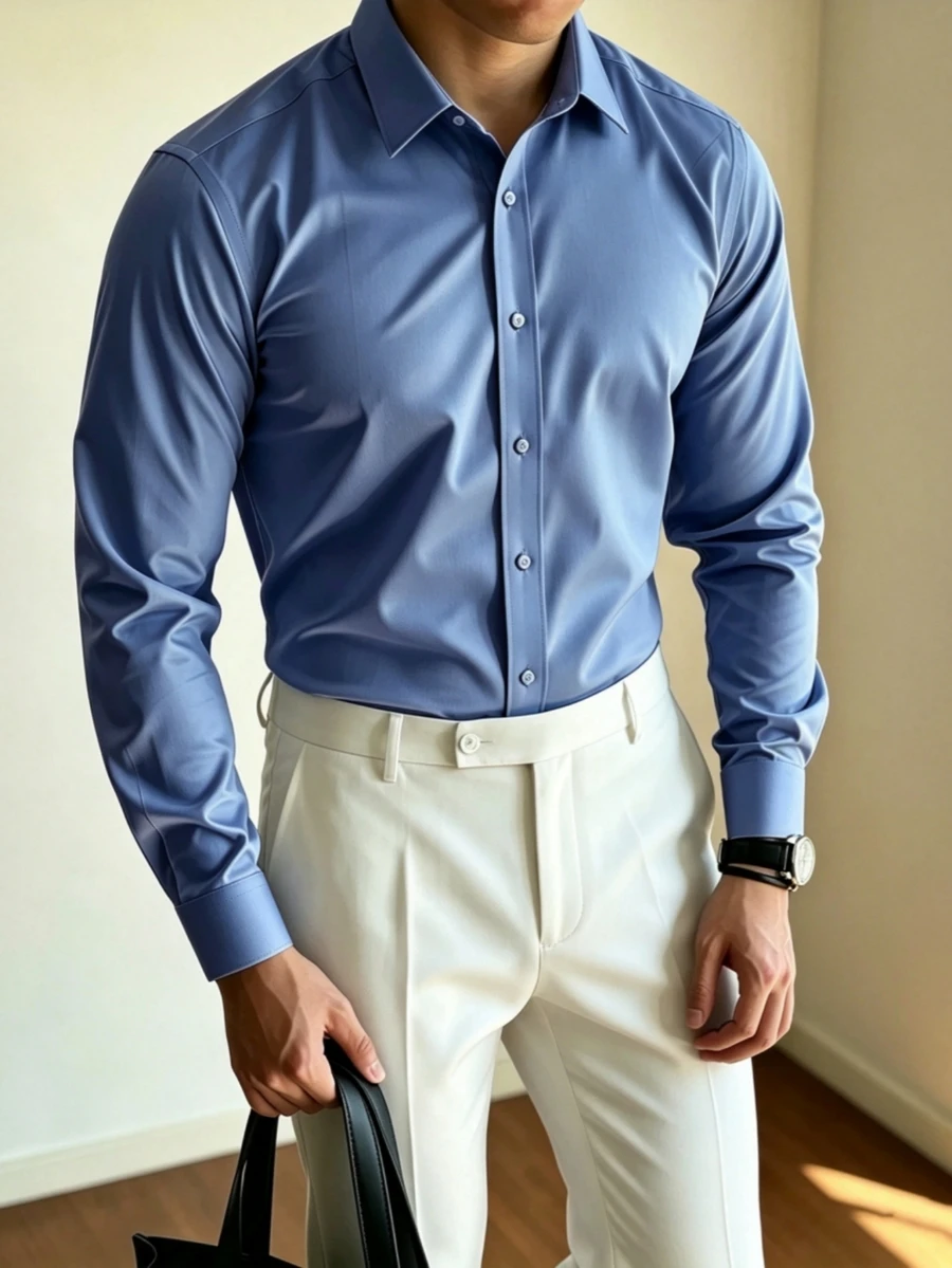 Calvornis 男士純色鈕扣前襟正式襯衫,送給丈夫,長袖,素色,工作穿著,適合秋季,老錢風,儀式場合 - 霧霾藍 - 查看 1