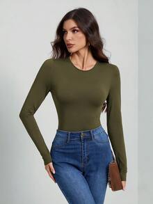 SHEIN Tall 純色長袖修身黑色連身衣，適合高個女性 - 軍綠色 - 查看 3