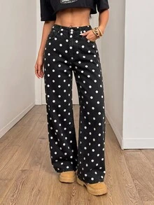 SHEIN PETITE 女款時尚波點鈕扣口袋寬鬆牛仔褲 - 彩色 - 查看 2