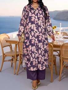 Fleurora Plus Size Floral Print Button-Up Shirt And Pants 2 Pieces Set - Purple - View 3