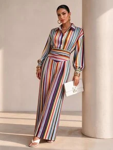 Structelle Women's Casual Commute Professional Colorful Striped Shirt Collar Jumpsuit - Multicolor - View 4