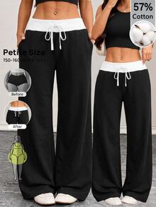 SHEIN PETITE PETITE 休閒運動風百搭通勤對比腰帶長褲 居家休閒 白色 夏季 畢業季 開學季 外出健身 - 黑與白 - 查看 5