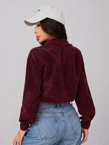 SHEIN PETITE 秋季女裝落肩翻蓋設計短版燈芯絨黑色夾克，適合嬌小女性，開學季、上班、旅行、日常穿搭、街頭休閒風 - 紫紅色 - 查看 2