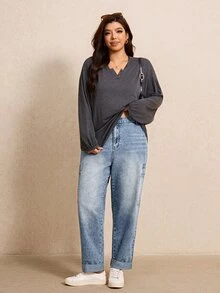 Elaquor Plus Size Women's Casual Daily Denim Jeans ,High-Rise Cargo Jeans With Elastic-Back Waist, Utility Pockets And Cuffed Hem,Halloween,Christmas,New Year - Blue - View 7