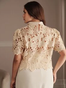 Anewsta Spring/Summer French Gentle Style Beige Hollow Lace Bowknot Versatile Plus Size Women's Blouse - Pink - View 7