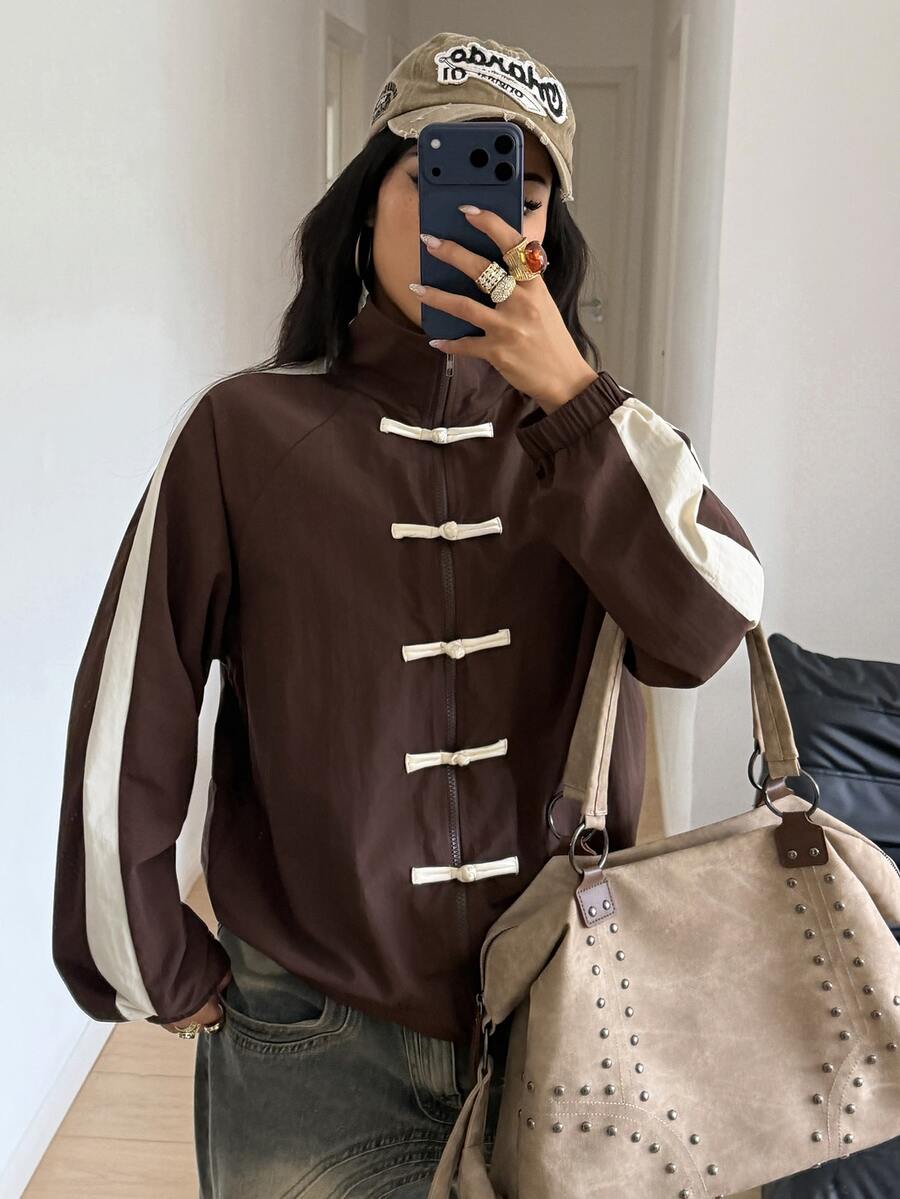 StreetHx 2026 Women's Autumn/Winter New Loose Long Sleeve Chinese Style Frog Button Women's Regular Jacket,Chinese Style Modified,